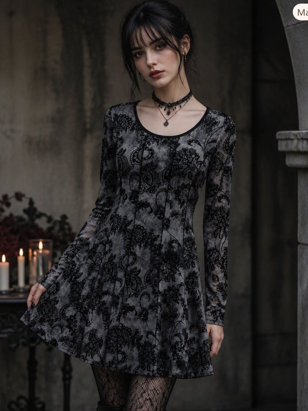 Sami & Jo Whimsigoth Flocked Velvet Mesh Swing Dress Grey Black Small Like New